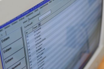 Ein Computerbildschirm zeigt eine Datenliste, während zwei kreative Katzenfiguren aus Draht mit Schleifen darauf stehen.